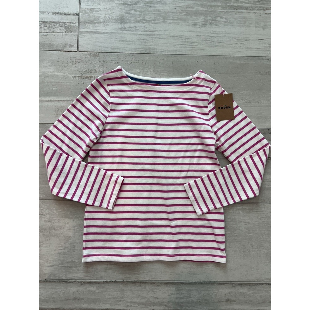 Mini Boden Girls 8-9Y-Breton Stripe Tee Pink White-Coastal-Preppy-Nautical-Class